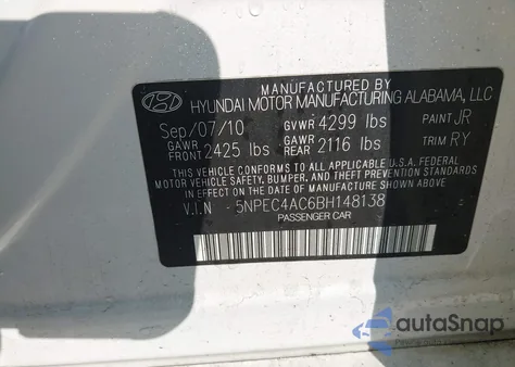 2011 Hyundai Sonata Se/Limited from USA, damaged, VIN 5NPEC4AC6BH148138